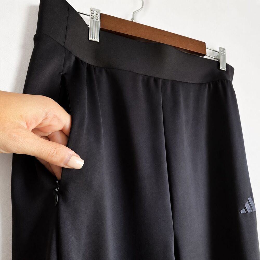 Adidas XL Black Wide Leg Cropped Pants Athleisure High Rise Zip Pockets Lounge - Picture 5 of 9